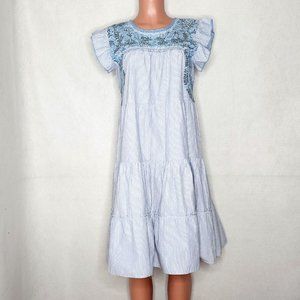 Emilia Collection Isa Dress *S/M Blue Striped Tiered with Blue Gray & Embroidery